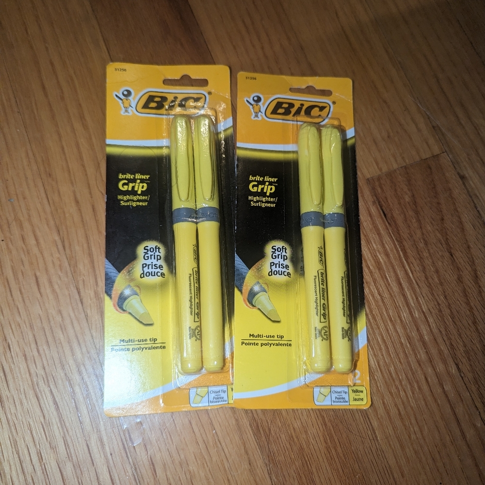 $5 Set of 2 BIC Brite Liner Grip Highlighter, Chisel Tip, Yellow, 2-Count